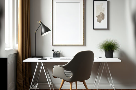 Stylish Home Office Mockup With A White Table, A Brown Chair, And A Frame,. Generative AI