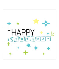 Happy birthday card with letters on square, colorful stars on a white background.