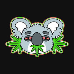 Funny koala bear eat marijuana leaf. Vector doodle cartoon style character illustration logo icon. Isolated on white background. Koala,weed,cannabis print for t-shirt,sticker,logo,poster © svtdesign