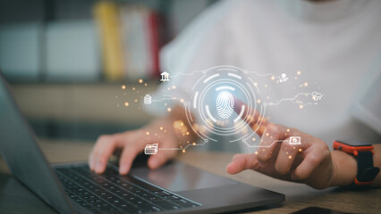 futuristic digital processing of biometric identification fingerprint scanner for access personal financial data. surveillance and security scanning of digital programs cyber futuristic applications