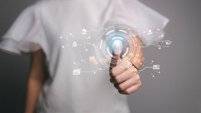 futuristic digital processing of biometric identification fingerprint scanner for access personal financial data. surveillance and security scanning of digital programs cyber futuristic applications