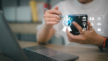 Business people working with computers and smartphones A symbol of top service ISO Certification Document Management System Quality assurance.
