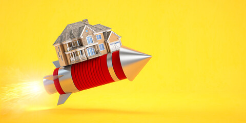 Real Estate market growth. Home value, mortgage rates and rent housing prices increasing concept. House on a flying rocket.