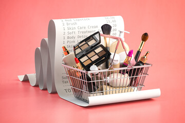 Cosmetics in shopping basket on a receipt on pink background.  Beauty and make up products sale and purchasing online concept.