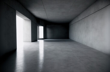 Empty room with concrete walls and floor. Generative AI.