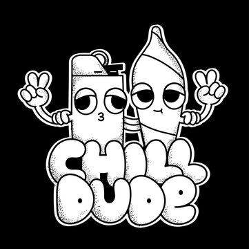 Funny Weed Joint And Lighter Show Peace Gesture Sign. Chill Dude Slogan Quote.Vector Doodle Line Cartoon Kawaii Character Illustration