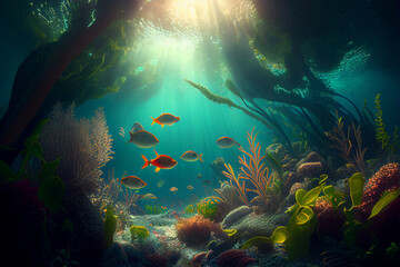 Naklejka na ściany i meble Gorgeous underwater landscape, wallpaper/background/desktop, generative ai, digital art