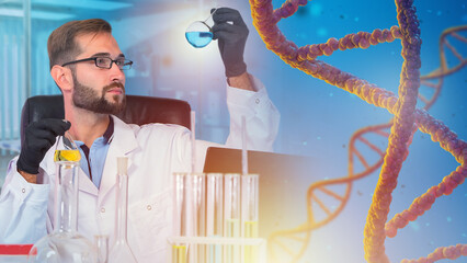 DNA lab worker. Man geneticist examines test tubes. Studies of drugs for gene modification. Doctor is sitting at table with flasks. Modified DNA strands. Genome sequencing. Man doing DNA engineering