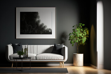 Side view on dark living room interior with sofa, empty white poster, grey wall, oak wooden hardwood floor, coffee table. Concept of minimalist design, art. Mock up. Generative AI