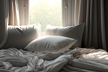 Realistic close up of a tidy, pleasant light grey bedding set with pillows and cushions by a window with softly blowing sheer curtains and morning sunlight. Cotton, material, and stuff. Generative AI