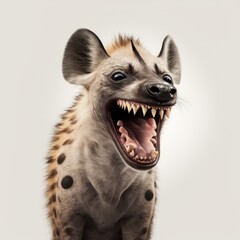 Portrait of a laughing hyena with mouth open isolated on a white background - obrazy, fototapety, plakaty