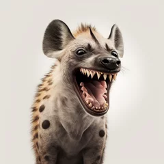 Foto op Aluminium Portrait of a laughing hyena with mouth open isolated on a white background © InputUX