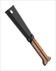 Vector Illustration Hand Pruning Folding Saw isolated. Carpentry hand tools. This saw is used to cut a wide range on the large end of wood thicknesses or trim live shrubs and trees.