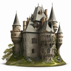 Castle kingdom with spires and turrets isolated on a white background