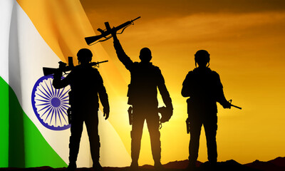 Fototapeta na wymiar Silhouettes of soldiers with India flag on a background the sunset. Concept - Indian Army. EPS10 vector