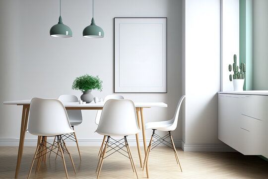 Interior of a light kitchen room with a white poster on the wall that is empty, an oak parquet floor, a dining table, three chairs, spoons, and liquid soap. modern minimalist architecture. a mockup