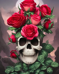 Skull in flowers, dark background, fantasy, AI illustration.