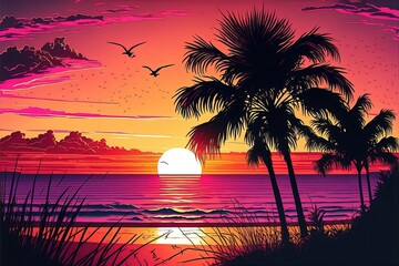 Obraz na płótnie Canvas Colorful illustration of sunset in the beach. Genrative AI