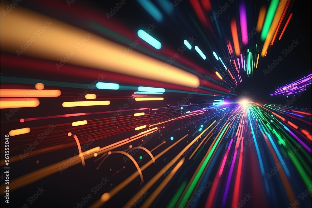 Poster glowing colorful of neon light or laser moving high speed data network technology. generative ai