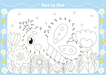 Cute dot to dot game for kids with insect theamed character - butterfly and flowers. Printable worksheet