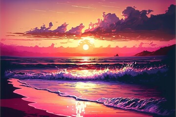 Fototapeta na wymiar Colorful illustration of sunset in the beach. Genrative AI