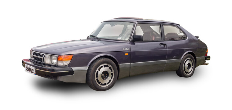 The Swedish vintage classic car Saab 900 SE Turbo 3-door isolated on white background.