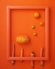 Horned melon, tomatoes, clementine, carrots in frame on orange