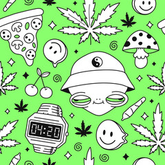 Psychedelic trippy alien,pizza seamless pattern art.Weed,mushroom,cherry,weed marijuana leafs.Vector cartoon character illustration design.Trippy alien,mushroom,magic,cannabis pattern art concept