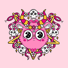 Funny goat satan head and pentagram. Vector cartoon character illustration logo.Smile cute goat face,demon,satan print for t-shirt,poster art concept