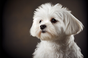 Cute and beautiful Maltese dog portrait in front of dark background.