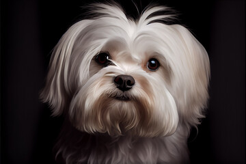 Cute and beautiful Maltese dog portrait in front of dark background.