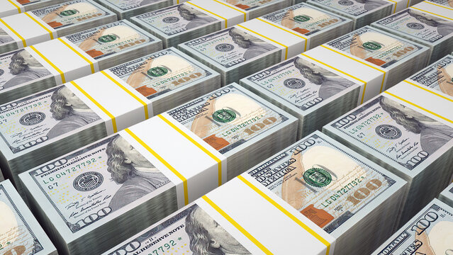 Dollar Stacks of New 100 US Dollar Banknotes dollar bundles money printing inflation