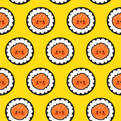 Cute funny asian japanese sushi character seamless pattern. Vector hand drawn cartoon kawaii character illustration icon. Cute kawaii sushi,Japan asia food cartoon seamless pattern concept