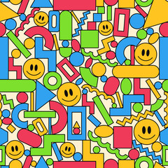 Funny smile face and geometry figure seamless pattern wallpaper. Vector hand drawn doodle 90s style cartoon character illustration. 80s,70s Abstract geometry seamless pattern print