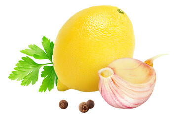Lemon, garlic and parsley (gremolata sauce ingredients) cut out