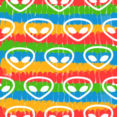 Alien faces,tie dye seamless pattern background.Vector tie dye cartoon character illustration