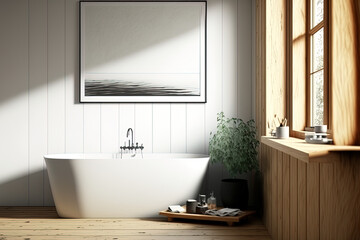 Mockup, toned image of a bathroom corner with a bathtub and a sizable horizontal poster hanging on a light hardwood wall. Generative AI