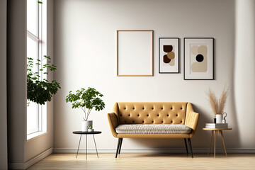 Beige contemporary minimalist interior with sofa, armchair, blank wall, coffee table and decor. illustration mockup. Generative AI