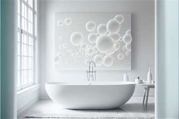 Bubble bath in a white minimal bathroom for hygiene backgrounds, generative AI