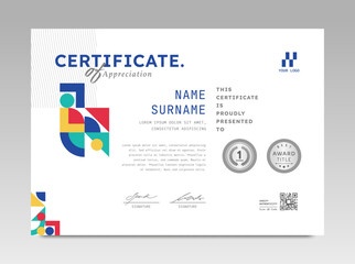 Modern design certificate template with abstract geometric background in horizontal A4 size.
