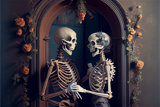 A pair of skeletons in a loving posture symbolizing love beyond the grave, generative AI