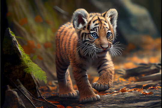 Cute tiger cub prowling the jungle, generative AI