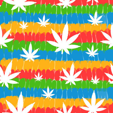 Cannabis leafs,tie dye seamless pattern background.Vector tie dye cartoon illustration.60s style,hippie,weed,marijuana seamless pattern art