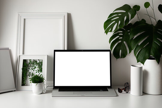 Laptop computer, picture frame, houseplant, and office supplies are all displayed on a white table. modern location of employment. Generative AI