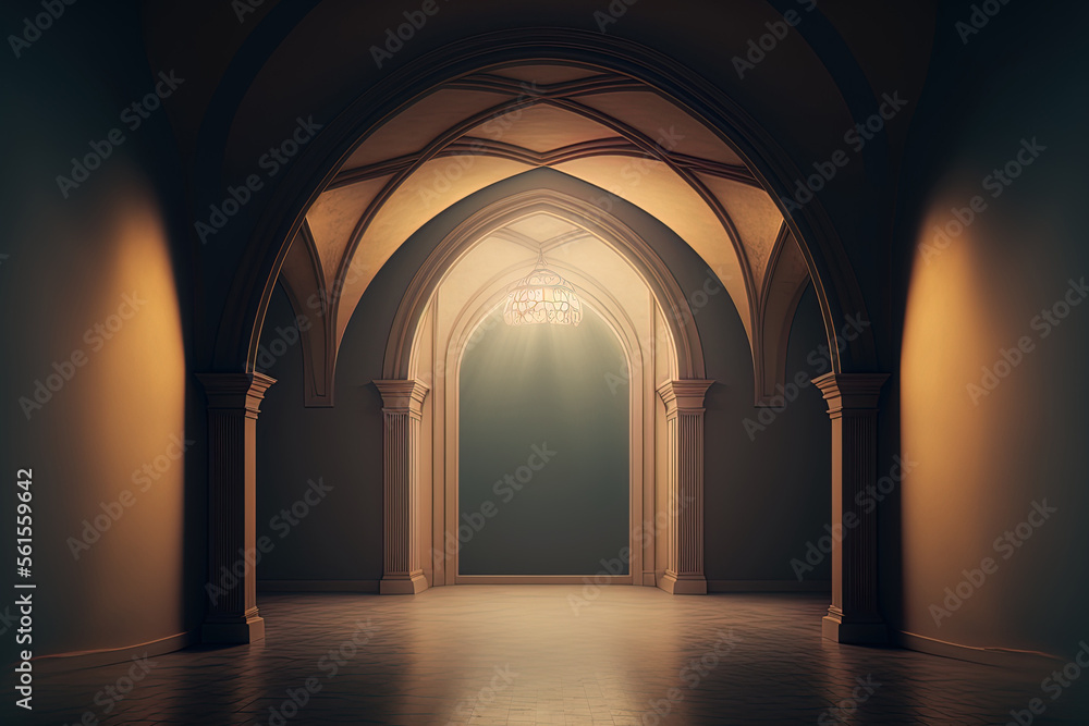 Poster an empty space with interior backdrop lighting and arched openings. generative ai