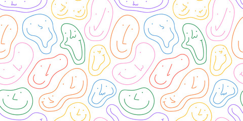 Fototapeta premium Diverse colorful people melting faces seamless pattern illustration. Multi color happy cartoon characters in funny children doodle style. Friendly community or kid group smiling background print.