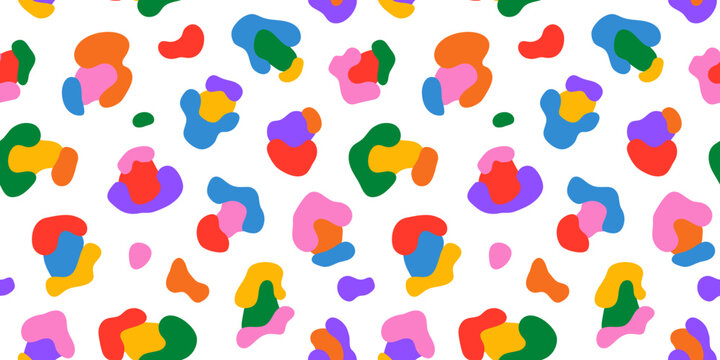 Colorful animal print seamless pattern illustration. Multi color leopard skin texture background. Rainbow wild safari backdrop, abstract art fashion fabric design.