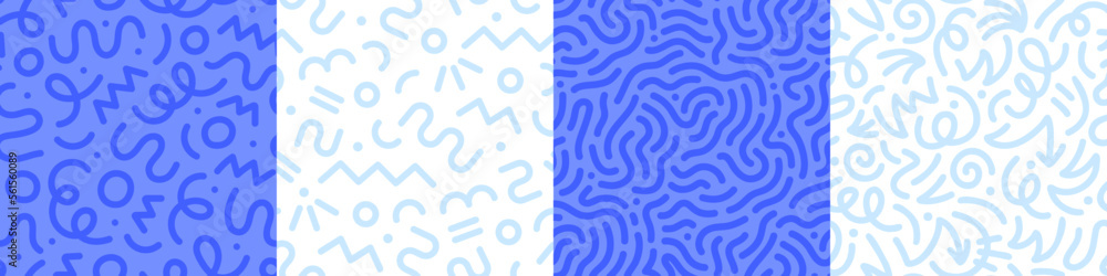 Poster Abstract blue color line doodle seamless pattern set. Creative fun squiggle style drawing background collection with basic shape symbol. Simple geometric scribble wallpaper print.