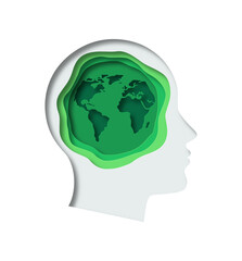 Green paper cut earth planet inside human head. Modern 3d papercut illustration concept of man profile silhouette with nature world map. Eco friendly solution, environment care design.