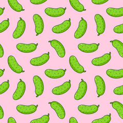 Cute funny cucumber seamless pattern.Vector hand drawn doodle line cartoon kawaii illustration icon.Cucumber,pickle background seamless pattern concept